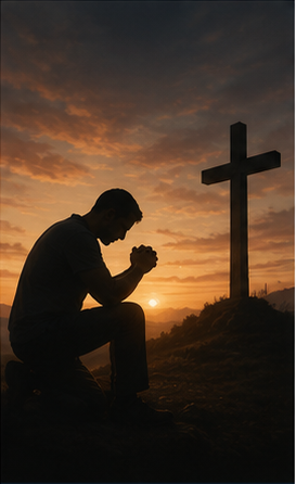 A man praying near a cross