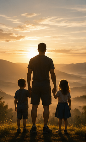 A father standing with his children at sunset