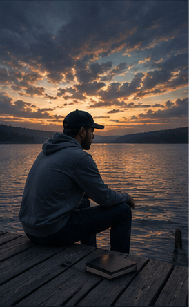 A man reflecting beside a lake